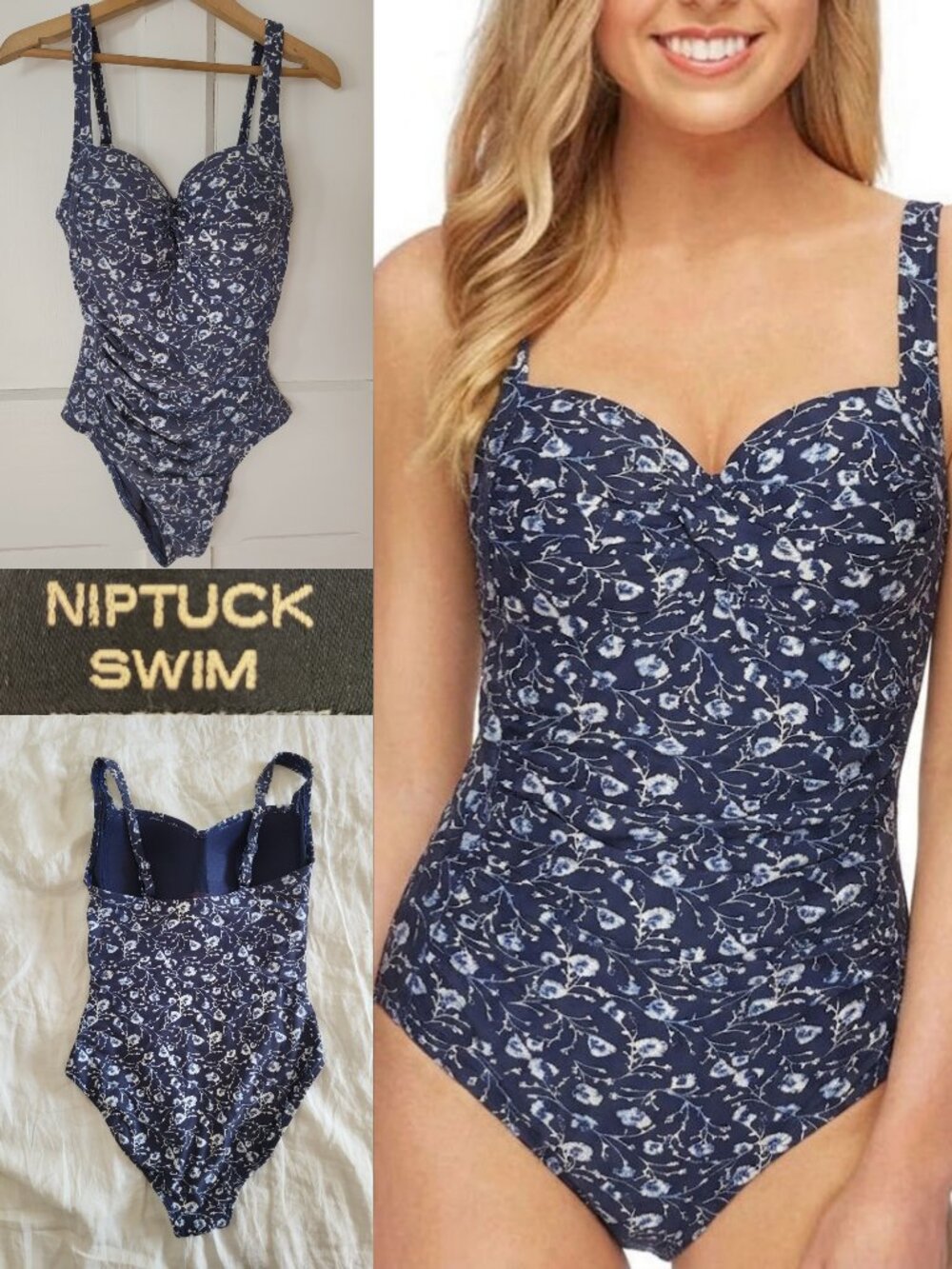 Nip Tuck Swim Blue White Floral One Piece Swimsuit Size 6 Flattering Ruching